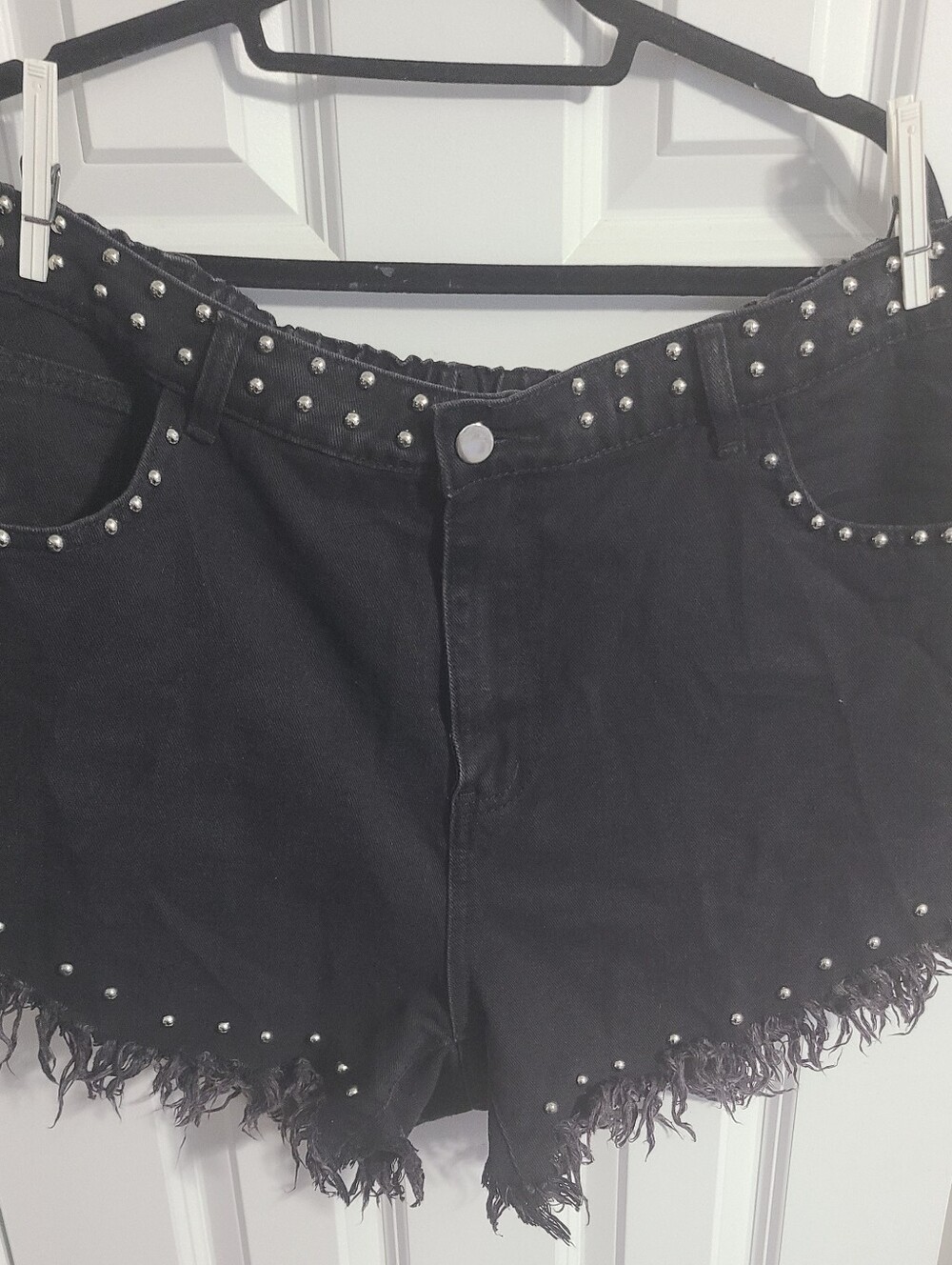 Black Studded Fringe Denim Shorts - Women